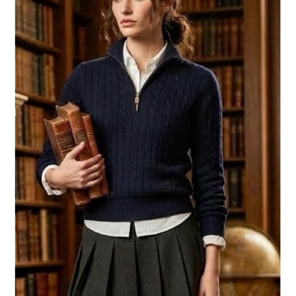 Banana Republic Italian Merino Wool Quarter Zip Sweater Navy Blue Tall Medium